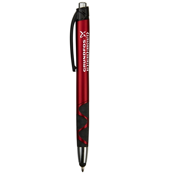 Retractable ballpoint pen with stylus, matte metallic colored barrel, black rubber... from ASI 52840 Evans Manufacturing