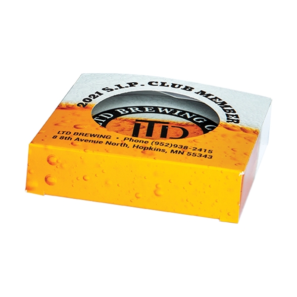 Coaster box with 130# gloss cover stock on one side.... from ASI 59080 Halls & Company