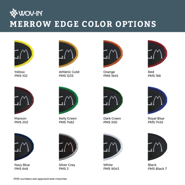 Custom woven merrowed edge patch with iron on backing; offered in... from ASI 92980 WOV-IN® / Universal Strap/Wov-In Line