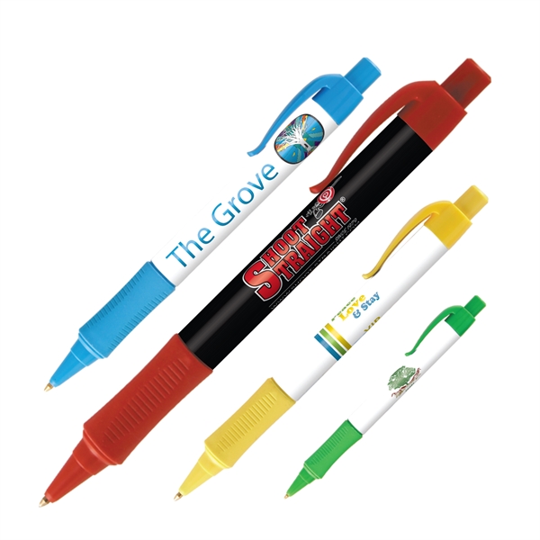 Plastic plunger-action ballpoint pen with colored trim, comfort grip and pocket... from ASI 62088 IDProductsource
