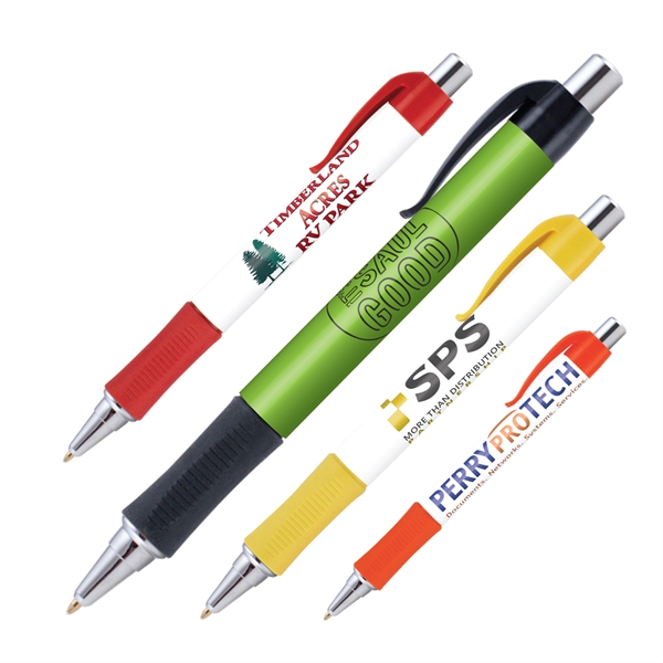 Plunger action plastic ballpoint pen with round design, textured grip and... from ASI 62088 IDProductsource