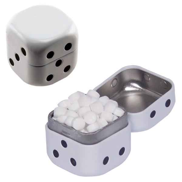 Dice-shaped tin filled with your choice of mints, candy or gum... from ASI 61125 Hit Promotional Products