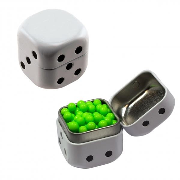 Dice-shaped tin filled with your choice of mints, candy or gum... from ASI 61125 Hit Promotional Products