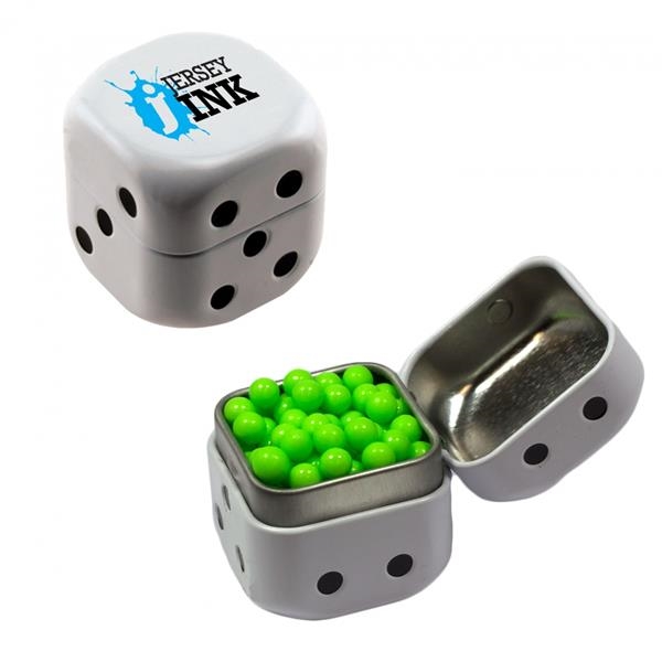 Dice-shaped tin filled with your choice of mints, candy or gum... from ASI 61125 Hit Promotional Products