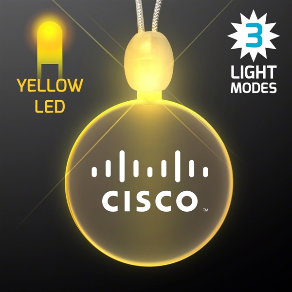 Circle acrylic necklace with imprint and 3 light up functions.... from ASI 34194 ALightPromos / Alight Promotional Products