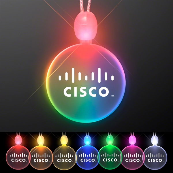 Circle acrylic necklace with imprint and 3 light up functions.... from ASI 34194 ALightPromos / Alight Promotional Products