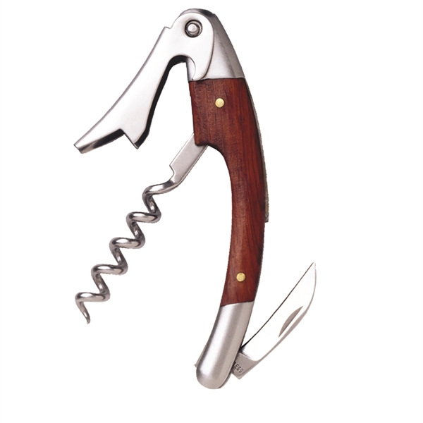 Stainless steel waiter's corkscrew that's curved with a burgundy-colored wooden insert.... from ASI 55450 Franmara Inc