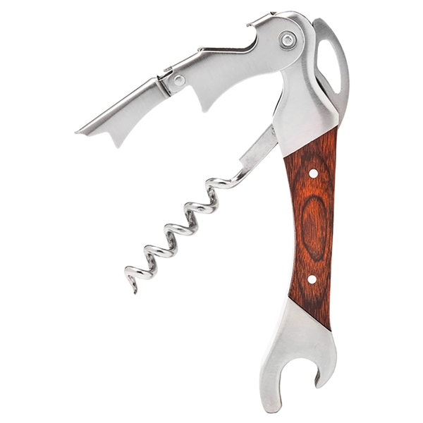 Two-lever corkscrew with wooden handle and unique cut opening.... from ASI 55450 Franmara Inc