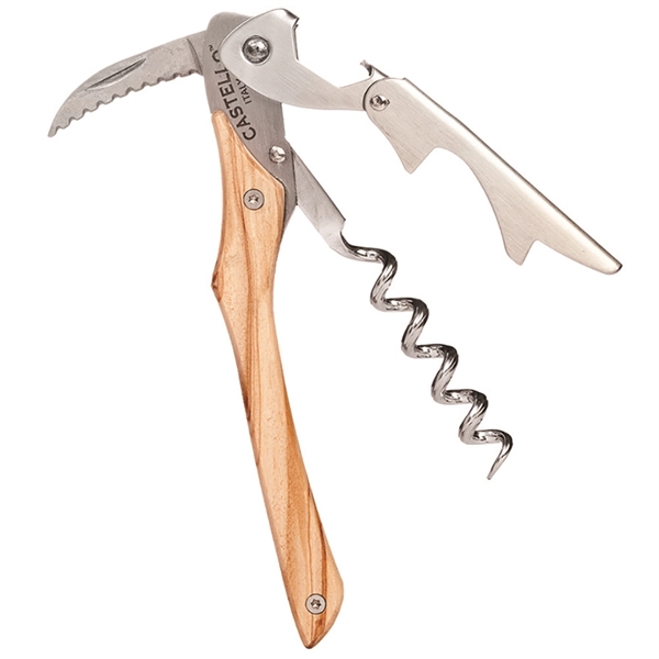 Waiter's corkscrew features an Italian olive wood handle in a silver... from ASI 55450 Franmara Inc