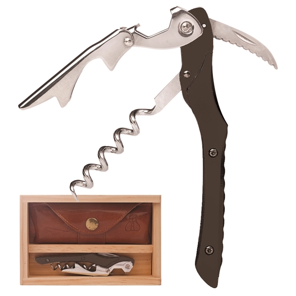 Waiter's corkscrew that features a black aluminum handle in a wood... from ASI 55450 Franmara Inc