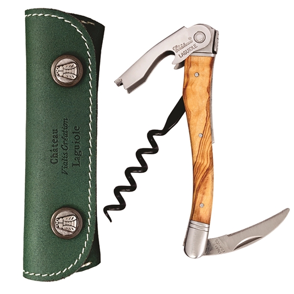 Customizable 4 1/2" waiter's corkscrew with olive wood handle and leather... from ASI 55450 Franmara Inc
