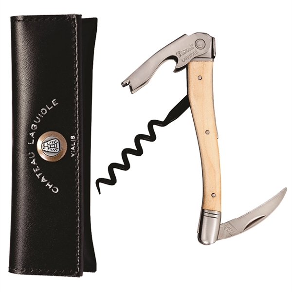 Customizable 4 1/2" waiter's corkscrew with maple wood handle and leather... from ASI 55450 Franmara Inc