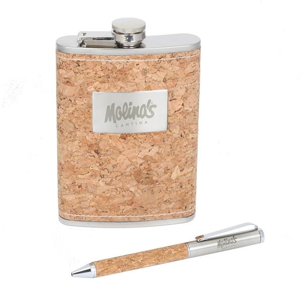 Cork flask and twist-action pen gift set.... from ASI 46755 Cosmo Promos