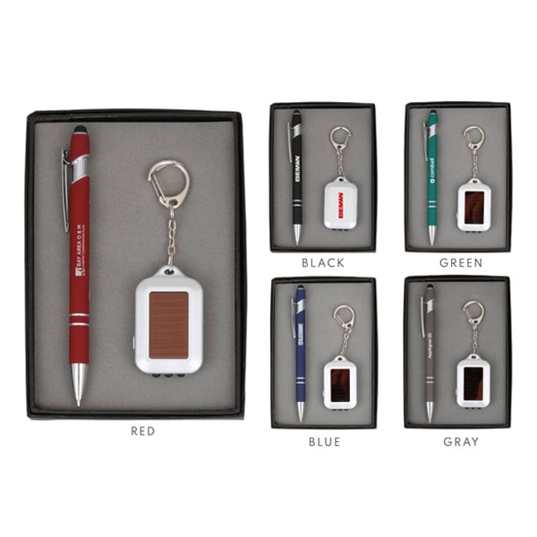 Click-action stylus pen, and solarian keychain gift set in a gift... from ASI 46755 Cosmo Promos