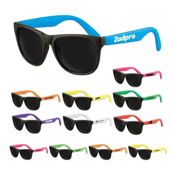Plastic sunglasses with black frames, colorful stems and UV400 protecting lenses.... from ASI 98360 WOWLine / WOWLine®
