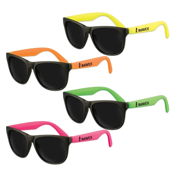Plastic sunglasses with black frames, colorful stems and UV400 protecting lenses.... from ASI 98360 WOWLine / WOWLine®
