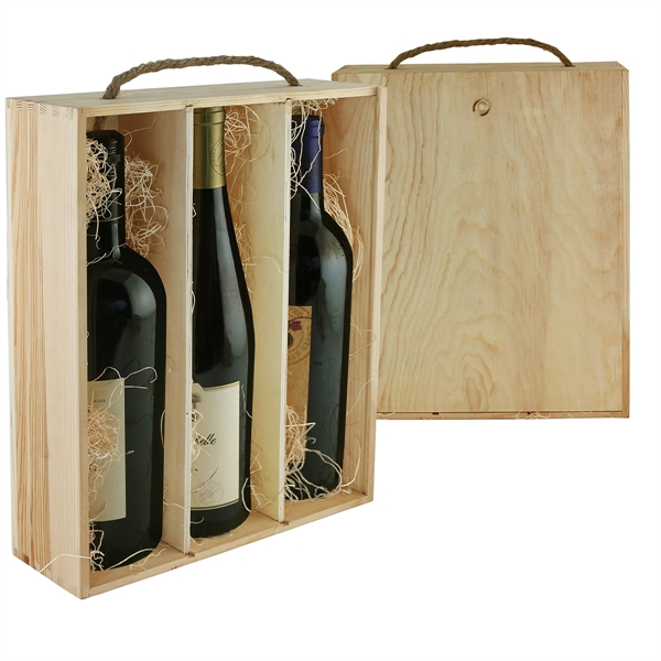 Three bottle pine wood box with two permanent central partitions to... from ASI 55450 Franmara Inc