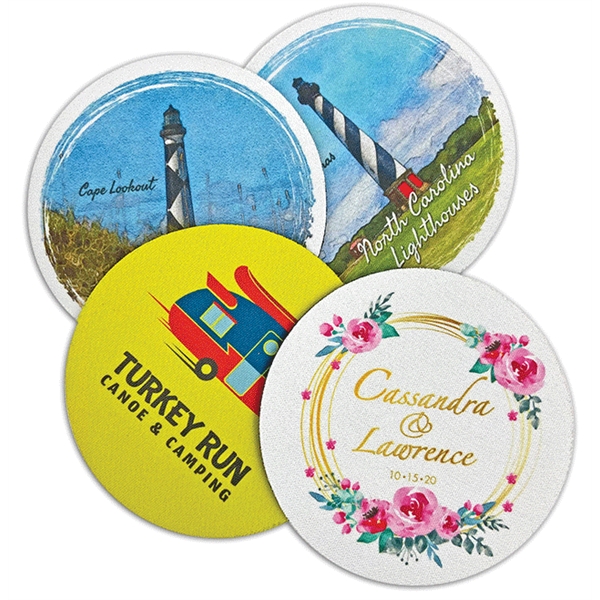 Multi-color round fabric coaster with neoprene backside.... from ASI 65603 Kool Trends