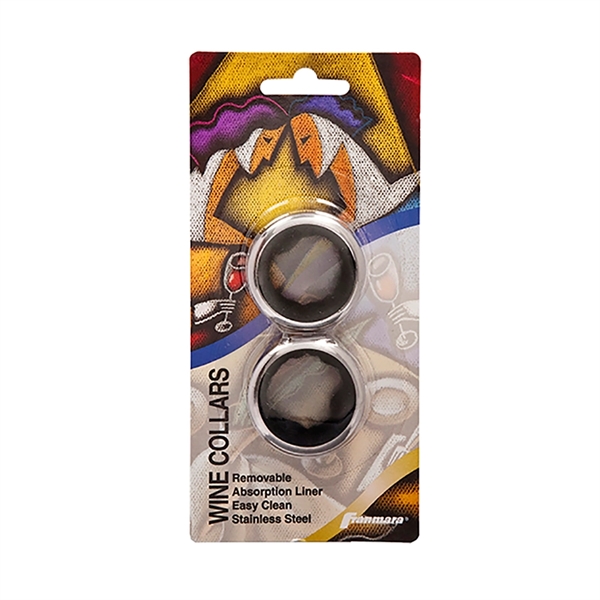 Two stainless steel wine collars with black felt on blister card.... from ASI 55450 Franmara Inc