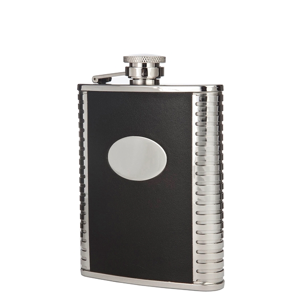 Black leather-bound pocket flask with captive-top and indented, ribbed side grips;... from ASI 55450 Franmara Inc