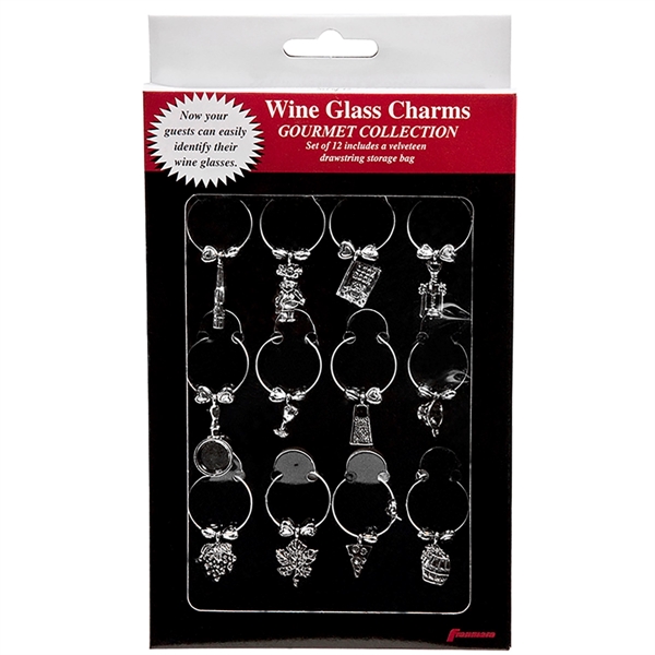 Pewter wine glass charms in black box with instructions on back,... from ASI 55450 Franmara Inc