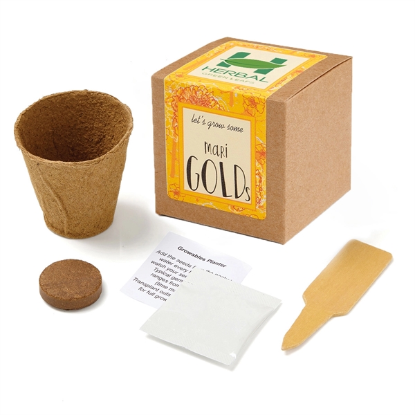 Marigold planter kit includes seeds, soil, and wooden stake packaged in... from ASI 63549 Jornik Manufacturing Corp / Jornik