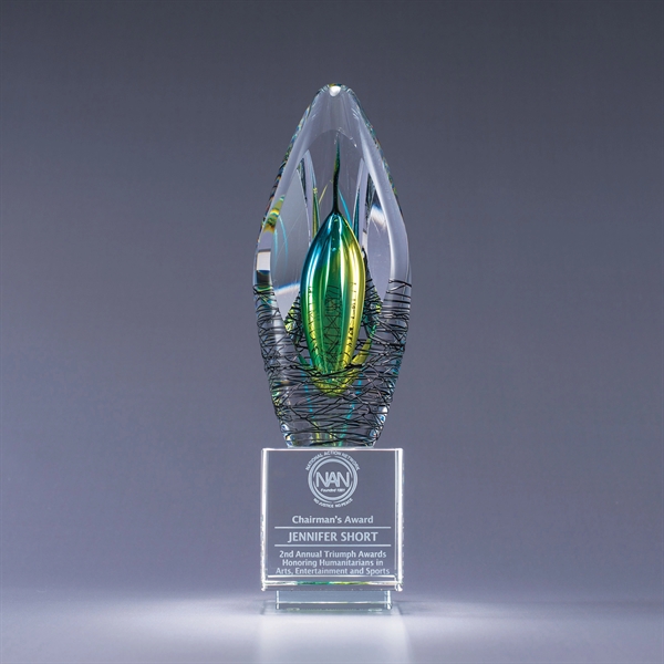 Art glass award with optic crystal base, two size options, gift... from ASI 62985 J. Charles