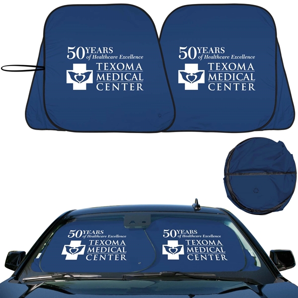 Deep blue collapsible fabric sunshade with easy fold pivot system.... from ASI 37586 Auto-Sun-shade/Intertek