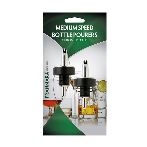 Two medium speed bottle pourers, chrome plastic, black base, blank.... from ASI 55450 Franmara Inc