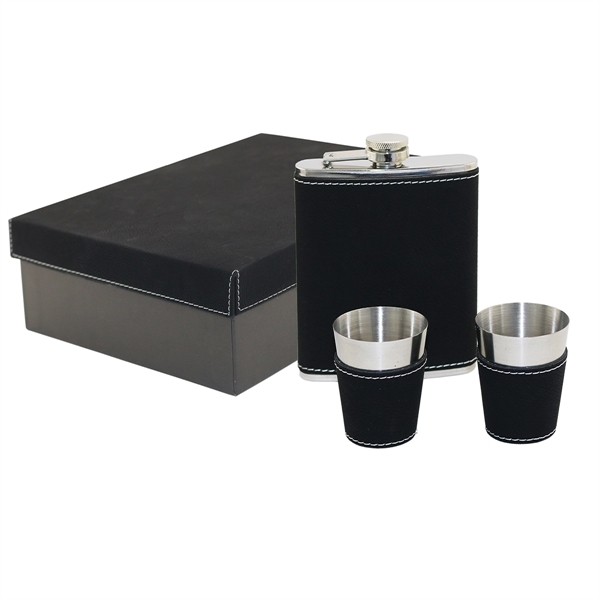 Leatherette captive-top flask set with two jigger cups.... from ASI 55450 Franmara Inc