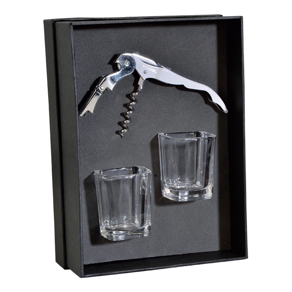 Gift set featuring a double-hinged corkscrew and two square shot glasses.... from ASI 57655 STOPNGO Line