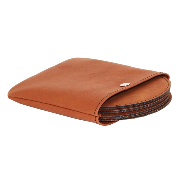 3 3/4" round leatherette coaster set of 4 with snap pouch.... from ASI 55450 Franmara Inc