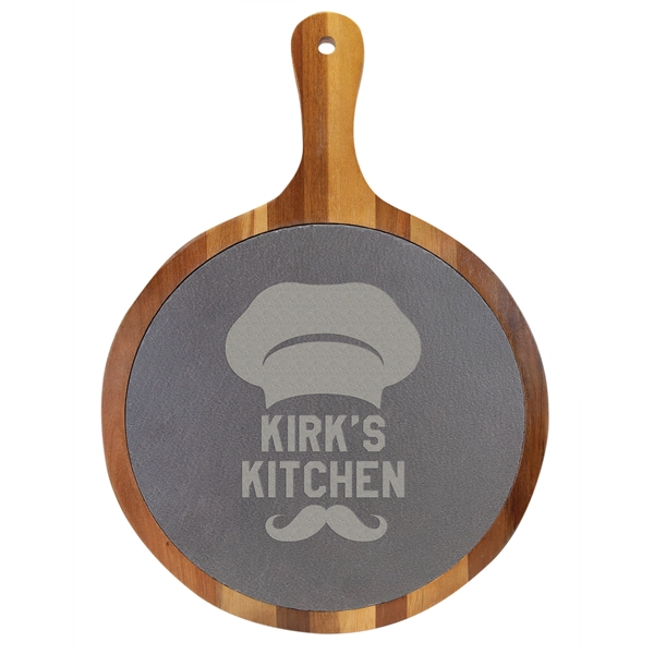 14-1/2" x 10-1/2" Round Wood/Slate Serving Board with Handle... from ASI 72657 Active Life Promo / Apres Ski Ingrain Promo