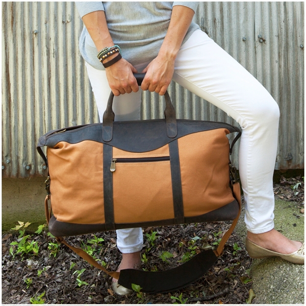 Tan and brown leather duffel bag with shoulder strap, six bottom... from ASI 61966 HPG / Beacon Promotions