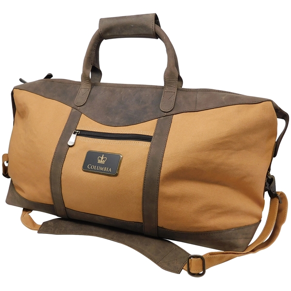 Tan and brown leather duffel bag with shoulder strap, six bottom... from ASI 61966 HPG / Beacon Promotions