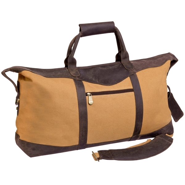 Tan and brown leather duffel bag with shoulder strap, six bottom... from ASI 61966 HPG / Beacon Promotions