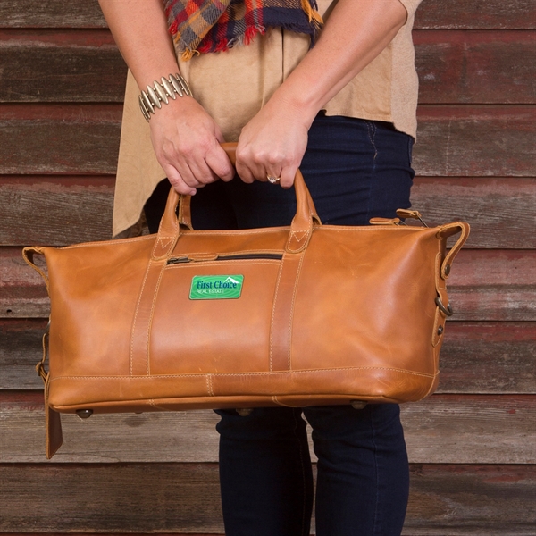 Leather duffel bag with 5 brass feet, PVC backed lining, large... from ASI 61966 HPG / Beacon Promotions