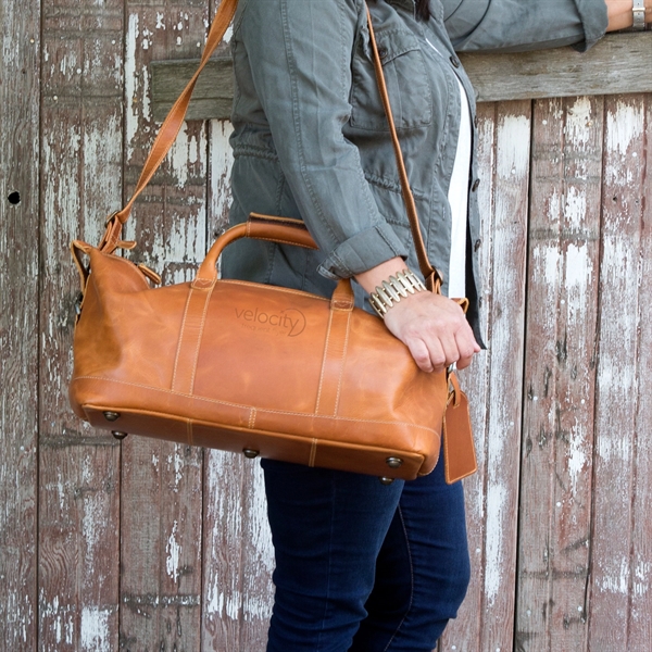 Leather duffel bag with 5 brass feet, PVC backed lining, large... from ASI 61966 HPG / Beacon Promotions