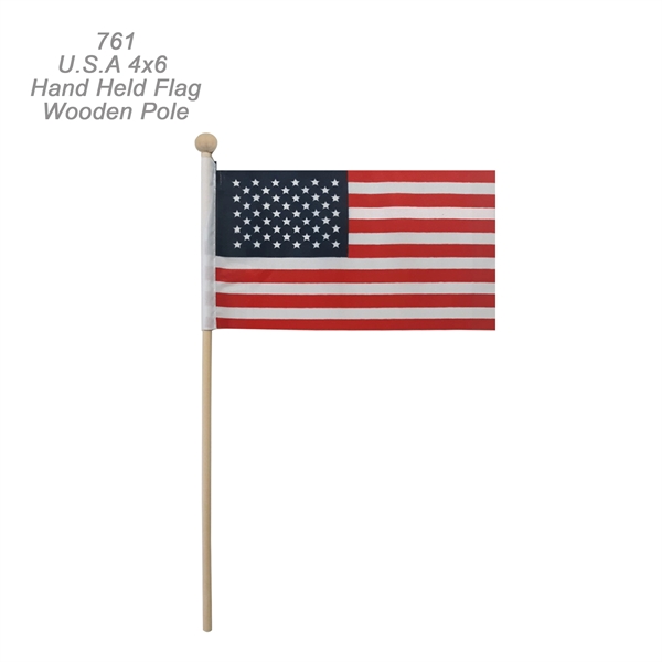 Hand held 4" x 6" USA polyester flag with 10" wooden... from ASI 45100 Chulani Promotional Products, Inc / Competitive Edge Innovations/Chulani