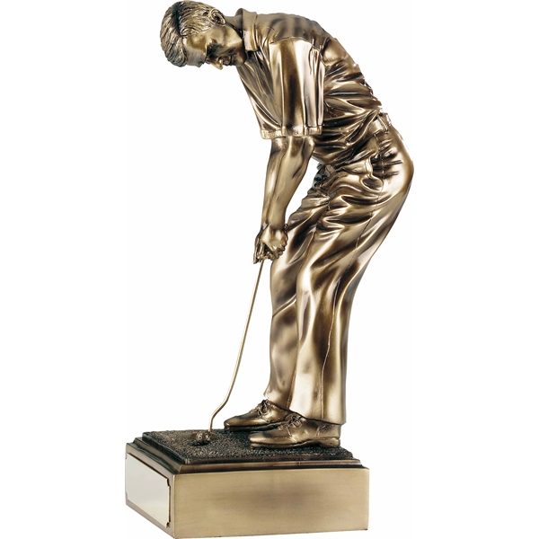 Antique male golf figure award antique gold finish. Ideal for engraving... from ASI 65153 Kirk & Matz LTD / Swatkins