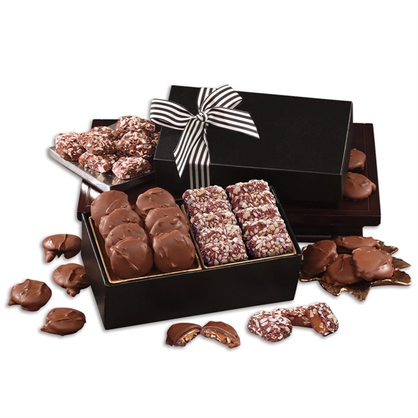 Black gift box filled with toffee and turtles.... from ASI 68680 Maple Ridge Farms Inc