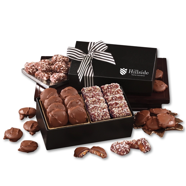 Black gift box filled with toffee and turtles.... from ASI 68680 Maple Ridge Farms Inc