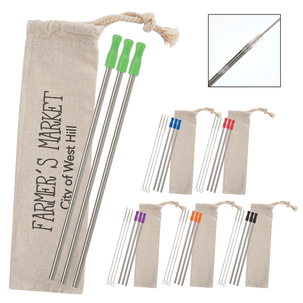 3-pack reusable stainless straw kit with cotton pouch for reducing impact... from ASI 61125 Hit Promotional Products / Hit®