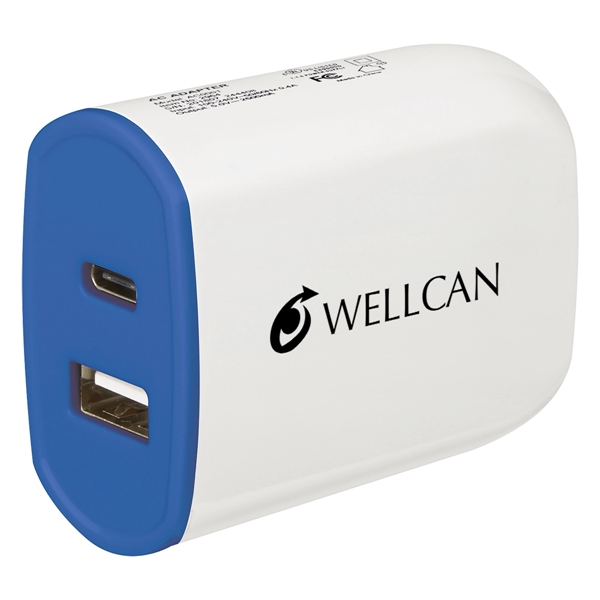 Wall adapter with folding prongs, a USB and Type-C output, and... from ASI 61125 Hit Promotional Products / Hit®