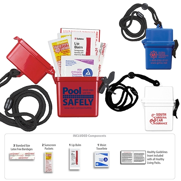 Water-resistant plastic container filled with bandages, sunscreen packets, lip balm, cleansing... from ASI 62660 Innovation Line