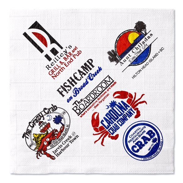 White 1-ply beverage napkin with over all linen emboss, 100% recycled... from ASI 88200 TK Sorg's - A Div of Arch Promo Group, LLC / GRANDE