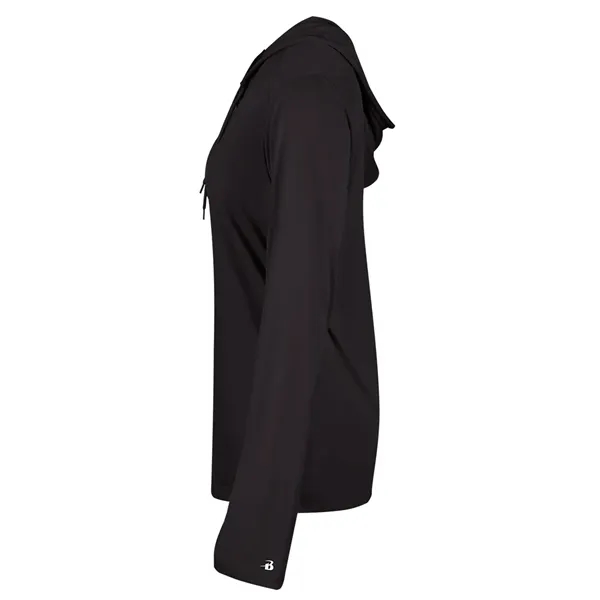 Long sleeve women's hooded t-shirt with self-fabric hood with drawcord, paneled... from ASI 37461 Augusta Sportswear