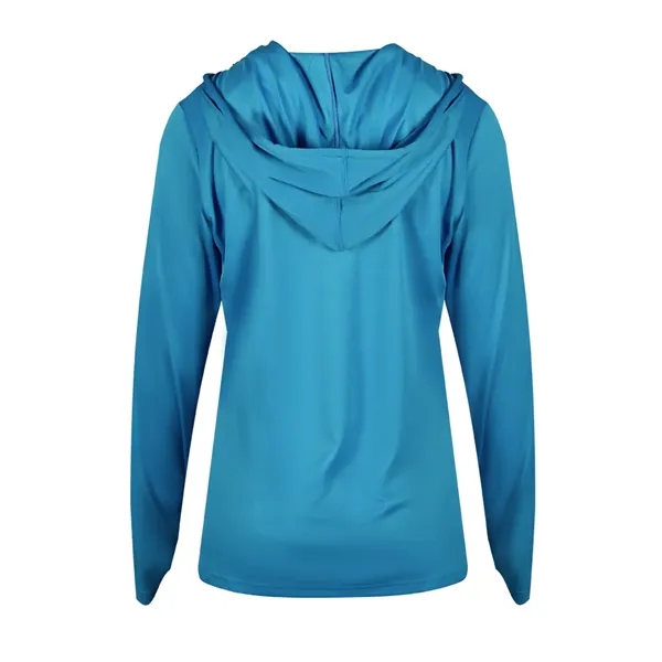Long sleeve women's hooded t-shirt with self-fabric hood with drawcord, paneled... from ASI 37461 Augusta Sportswear