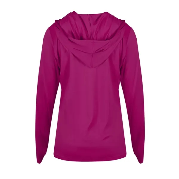 Long sleeve women's hooded t-shirt with self-fabric hood with drawcord, paneled... from ASI 37461 Augusta Sportswear