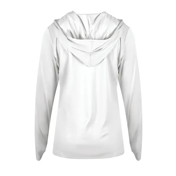 Long sleeve women's hooded t-shirt with self-fabric hood with drawcord, paneled... from ASI 37461 Augusta Sportswear